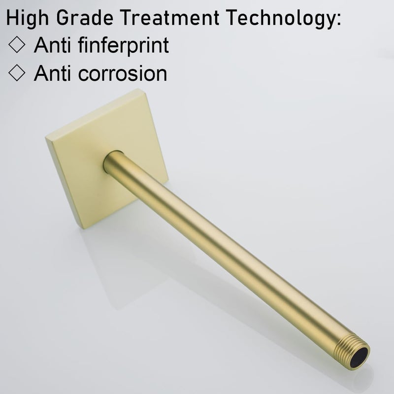 Random Straight Shower Arm with Flange,Gold 12 Inches Ceiling Mount Shower Head Extension Arm,Brushed Gold.RD-91038-12BG-SQ - Image 1
