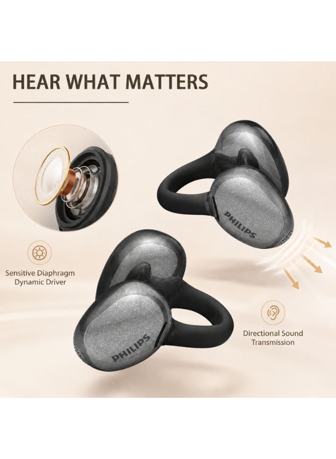 Philips 400 mAh TAQ3220, Earphone,True Open Ear Headphones,True Wireless Earbuds,Long Playtime, IP54 Water and Dust Proof with ANC,AI Call Noise Reduction,3D Surround Sound,Sterling Sound, Secure Fit and Comfort, For Sports, Work, Black. - Image 3