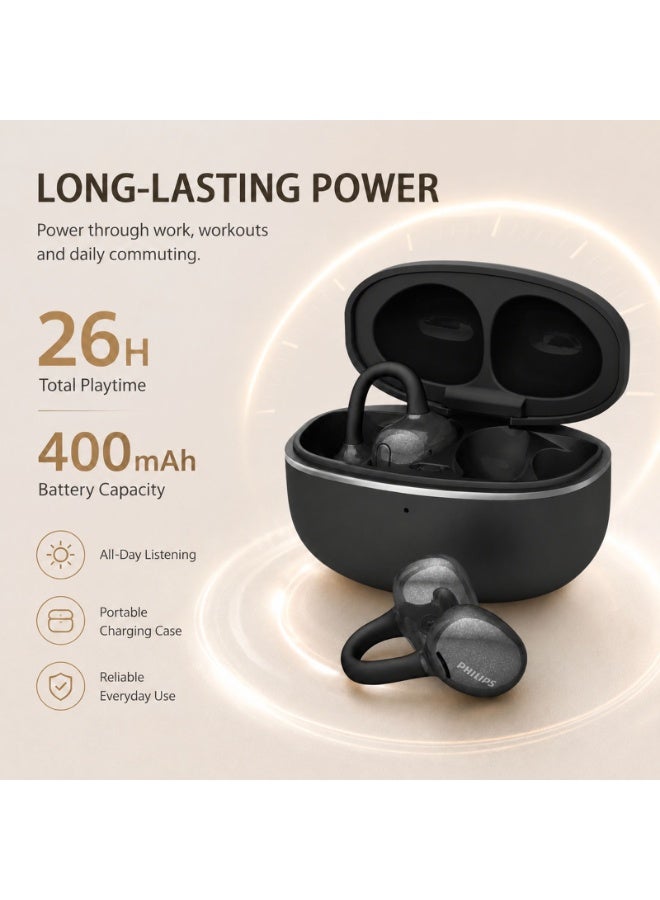 Philips 400 mAh TAQ3220, Earphone,True Open Ear Headphones,True Wireless Earbuds,Long Playtime, IP54 Water and Dust Proof with ANC,AI Call Noise Reduction,3D Surround Sound,Sterling Sound, Secure Fit and Comfort, For Sports, Work, Black. - Image 5