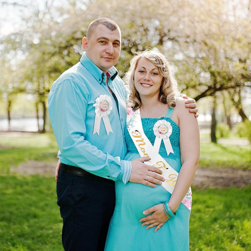 Mtlee 4 Pieces Pink Baby Shower Sash Mom to Be Sash and Dad to Be Pin Flower Crown Headband Kit for Gender Reveals Party Baby Shower Party Favors for Boys and Girls Pregnancy Props Gift Flower Style - Image 2