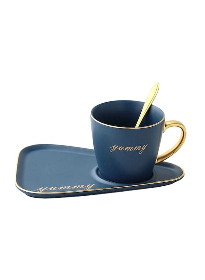 3-Piece Nordic Rim Designed Coffee Cup, Saucer And Spoon Set Blue/Gold 22x15x11cm - Image 1