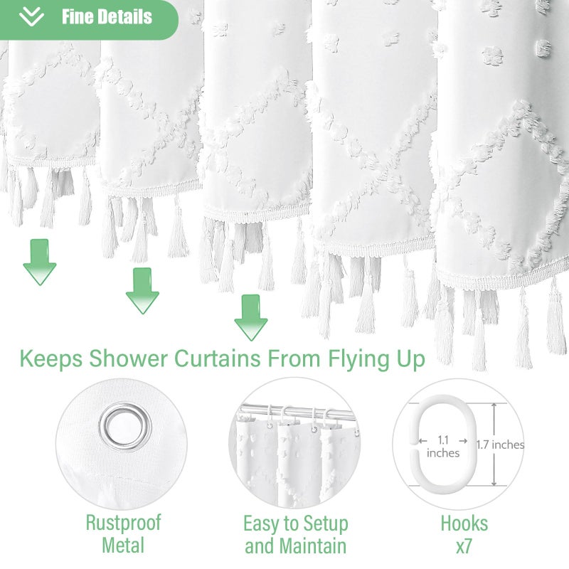 Dynamene دش نسيج دش دش الستار 42 × 72 بوصة بوهو معنقدة مخططة مخططة صغيرة الستائر دش القماش الدش للحمام الضيق الضيق سميك البوليستر دش الستار مجموعة مع 7 السنانير أبيض - Image 4