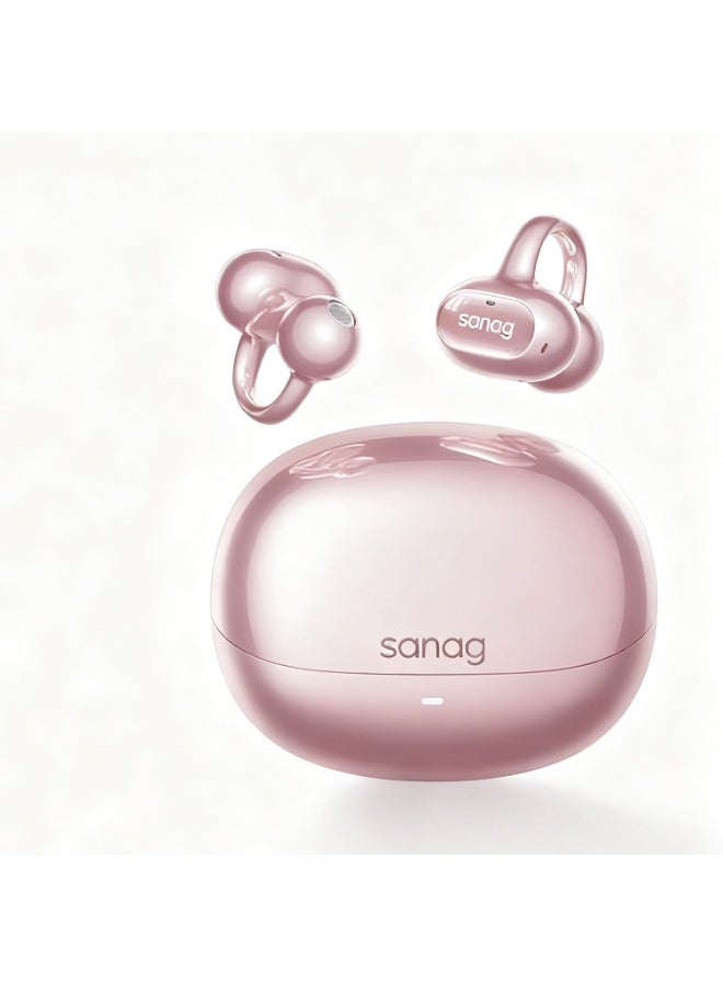 Sanag S8S AI Clip on Headphones, True Wireless Ear Clip Earbuds, Comfortable Earphones with Bluetooth 5.4, 48H Playtime, IPX4 Waterproof, Noise Cancelling fit Sports Running, Workout (Rose Gold)
