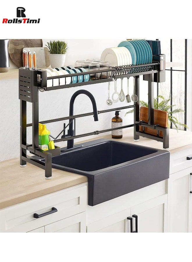 RollsTimi  Single Layer Dish Drying Racks, Dish Drainer Carbon Steel Dish Rack Sink Organizer Stand Shelf For Kitchen Counter Organizer Storage,With Cutlery Rack, Hook, Drain Rack Large Kitchen,Black - Image 3
