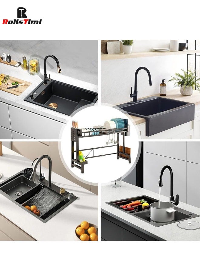 RollsTimi  Single Layer Dish Drying Racks, Dish Drainer Carbon Steel Dish Rack Sink Organizer Stand Shelf For Kitchen Counter Organizer Storage,With Cutlery Rack, Hook, Drain Rack Large Kitchen,Black - Image 2