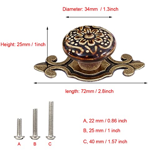 HUAMULAN 10 Pack Retro Ceramic Knobs Vintage Dresser Kitchen Petal Cabinet Pulls Cupboard Wardrobe Drawer Handles Brown Knob with Bronze Base Backplate - Image 3