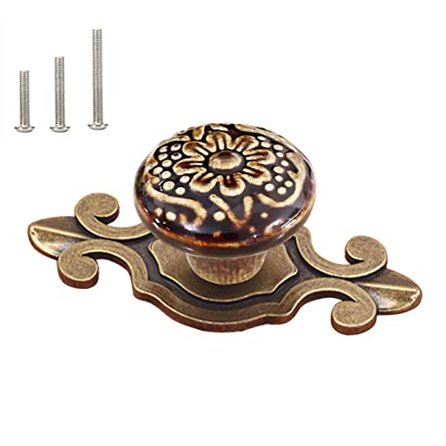HUAMULAN 10 Pack Retro Ceramic Knobs Vintage Dresser Kitchen Petal Cabinet Pulls Cupboard Wardrobe Drawer Handles Brown Knob with Bronze Base Backplate - Image 1