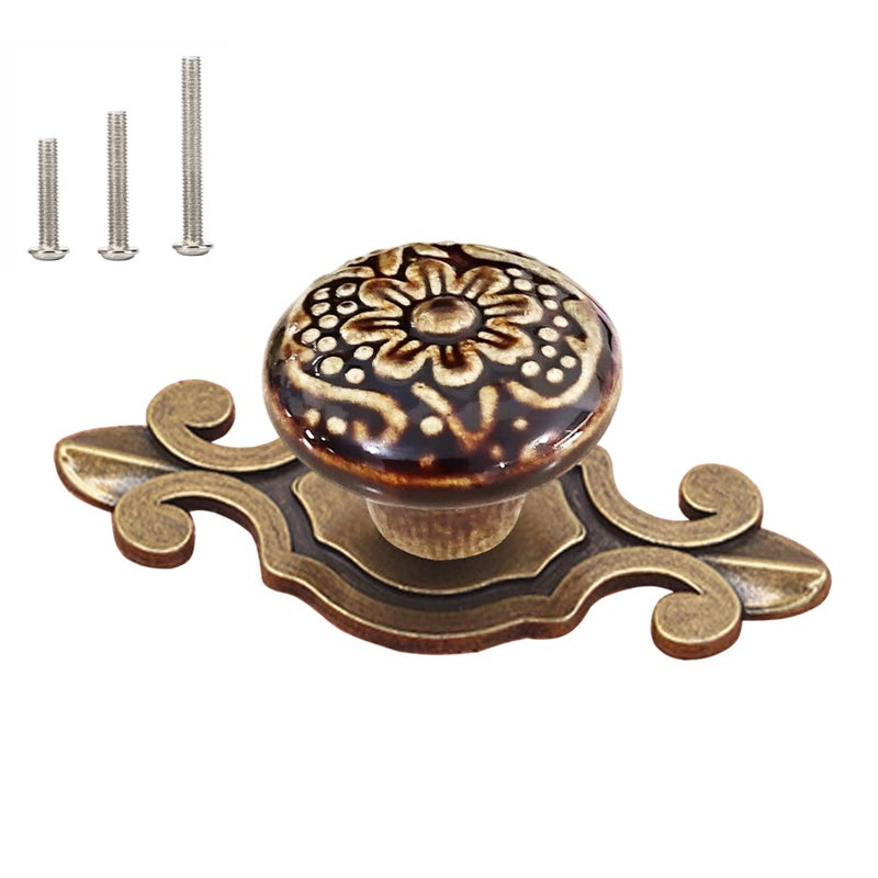 HUAMULAN 10 Pack Retro Ceramic Knobs Vintage Dresser Kitchen Petal Cabinet Pulls Cupboard Wardrobe Drawer Handles Brown Knob with Bronze Base Backplate - Image 2