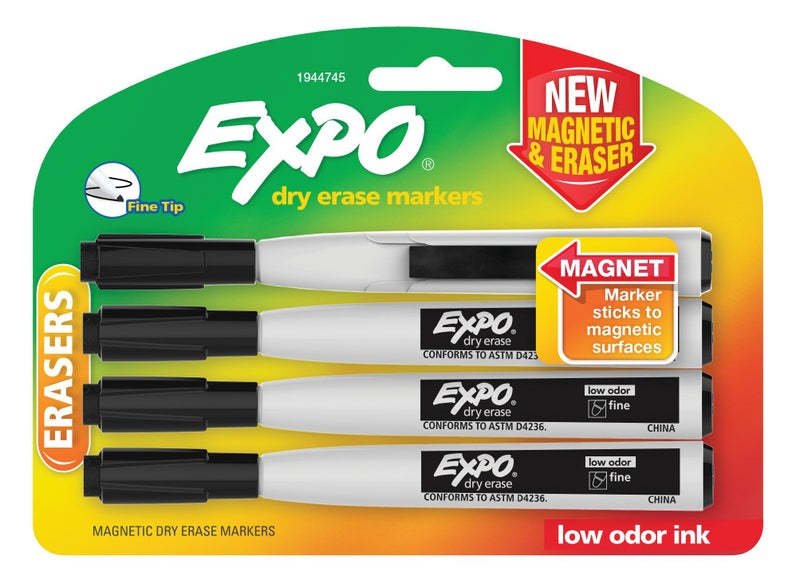 Expo Markers جافة قابلة للمسح مغناطيسية من إكسبو مع ممحاة، طرف رفيع، أسود، 4 قطع - Image 1