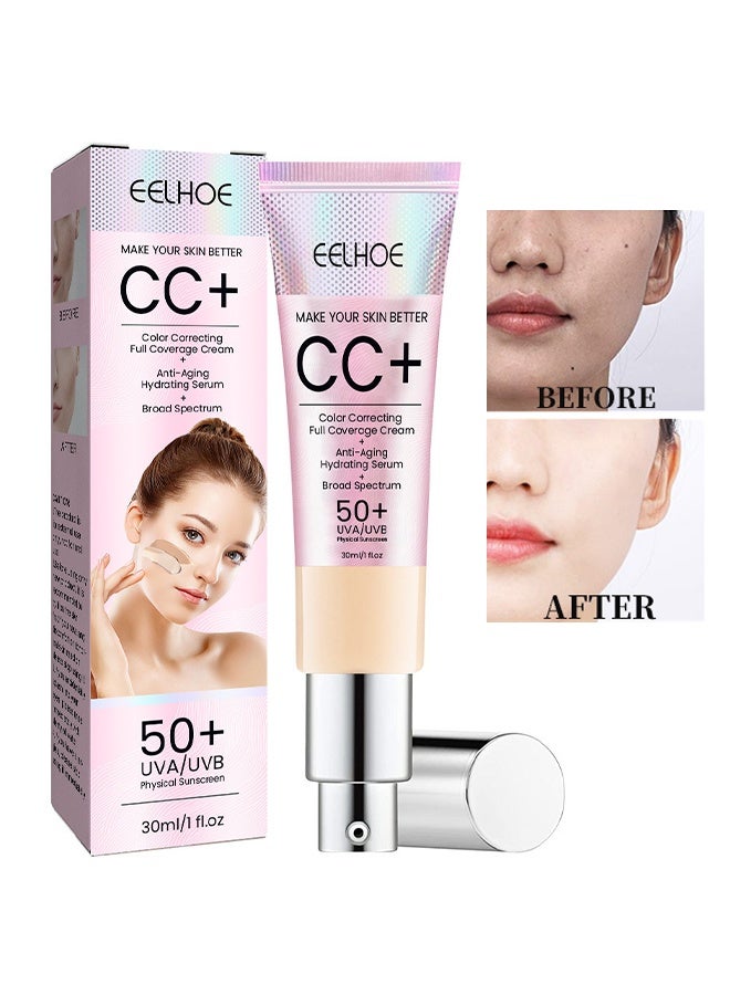 إيلهو كريم تصحيح اللون CC بتغطية كاملة SPF 50، كريم أساس CC، سيروم خفيف مرطب مع تغطية كاملة، يتحكم في الدهون ويرطب البشرة، كريم تصحيح اللون مطفي طويل الأمد (فاتح) 30 مل - Image 1