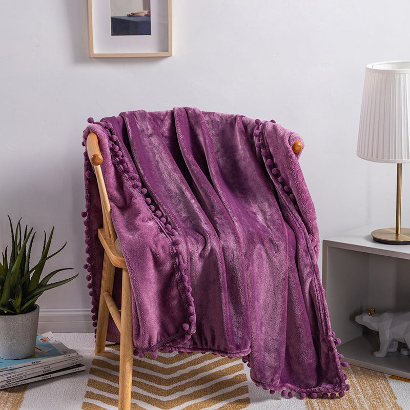 Fringe Pom-Pom Flannel Throw Blanket Solid Color Purple 