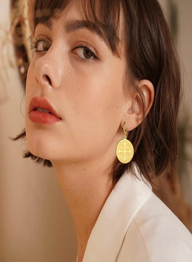 EUEAVAN Orthodox Cross Earrings for Women IC XC NIKA Cross Jesus Christ Medallion Earrings Greek Byzantine Cross Earrings Eastern Religious Jewelry Christian Catholic Gift (Orthodox Cross gold 2) - Image 2