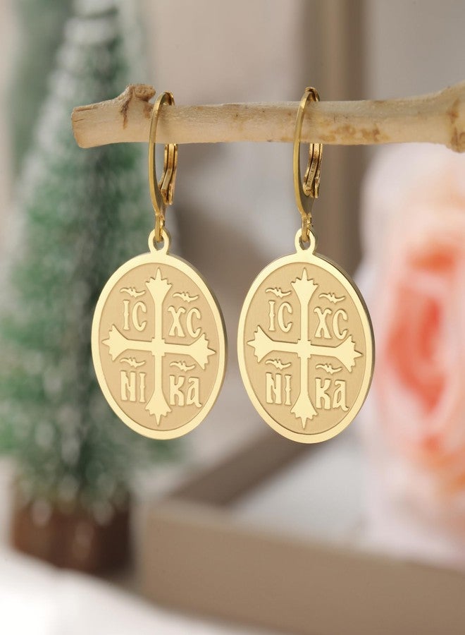 EUEAVAN Orthodox Cross Earrings for Women IC XC NIKA Cross Jesus Christ Medallion Earrings Greek Byzantine Cross Earrings Eastern Religious Jewelry Christian Catholic Gift (Orthodox Cross gold 2) - Image 3
