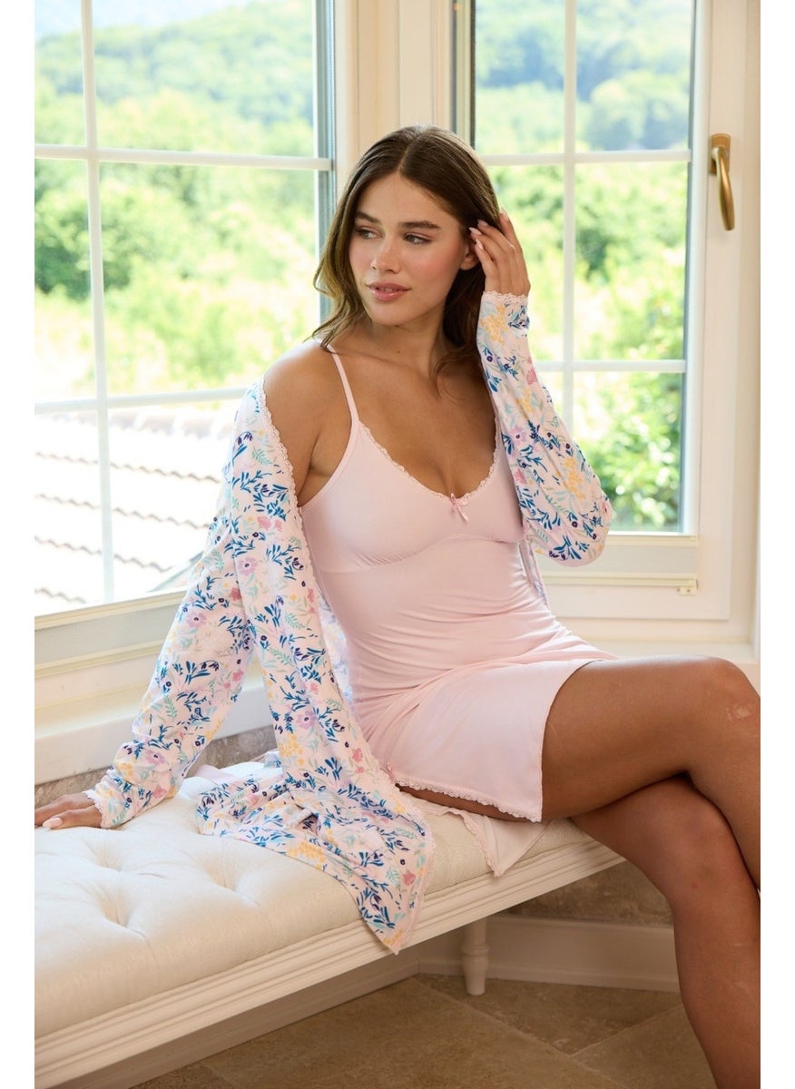 Bie's Women's Floral Rope Strap Thin Lace Detailed Double Side Slit 2-Piece Mini Nightgown Dressing Gown-Dowry- 