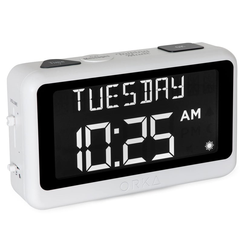 ORKA Talking Clock. Voice Recordable Ex Large Medication Pill Reminder. Talking Alarm Clock for Dementia, Hearing, Visually impaired Seniors-Digital Day Clock with Multiple Customized Alarms White - Image 1