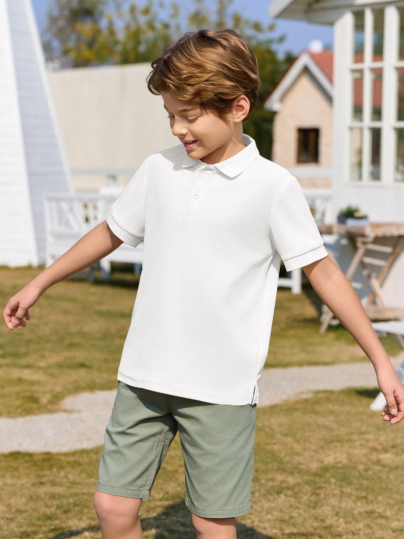 Haloumoning Boys Short Sleeve Pique Polo Shirt School Uniform Shirts for Kids 5-14 Years White - Image 3