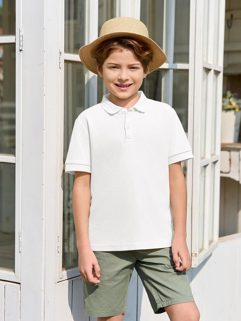Haloumoning Boys Short Sleeve Pique Polo Shirt School Uniform Shirts for Kids 5-14 Years White - Image 4