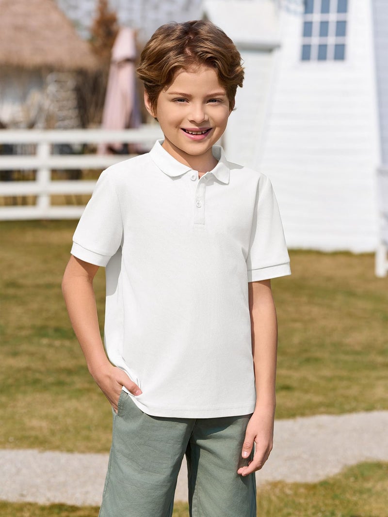 Haloumoning Boys Short Sleeve Pique Polo Shirt School Uniform Shirts for Kids 5-14 Years White - Image 2