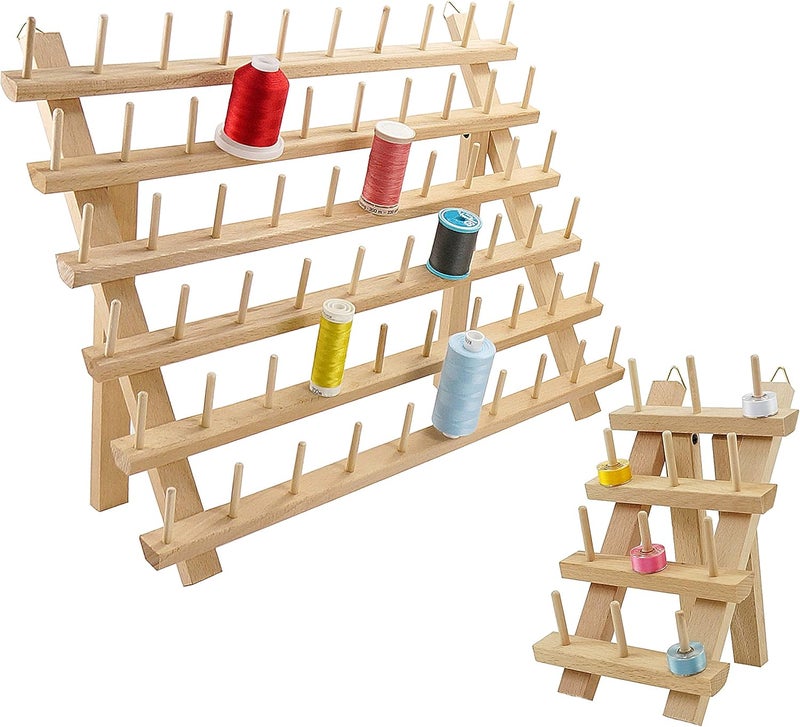 New brothread 60 Spools + 12 Spools Wooden Thread Rack/Thread Holder Organizer with Hanging Hooks for Embroidery Quilting and Sewing Threads - Mother + Baby Thread Rack - Image 1