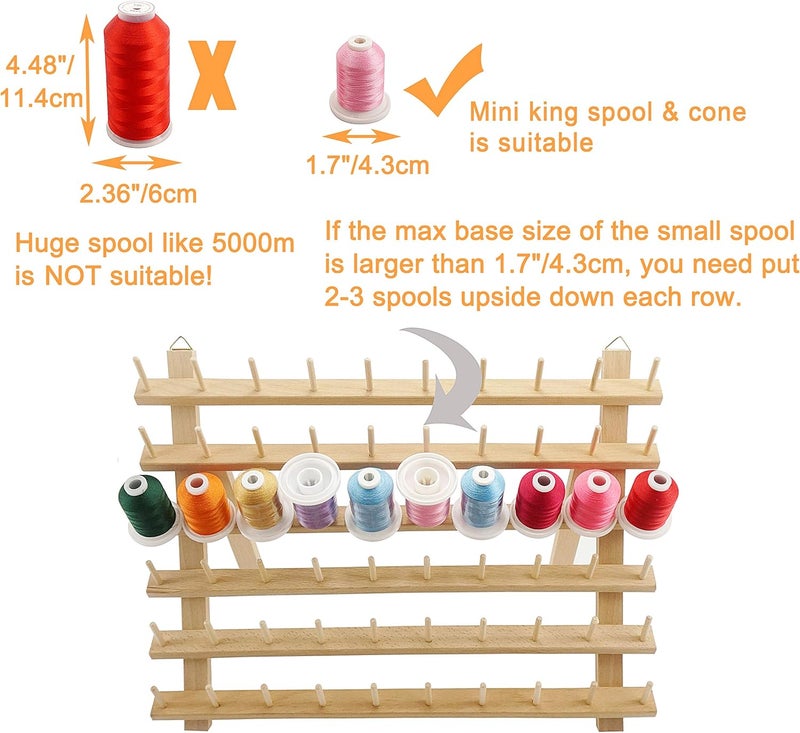New brothread 60 Spools + 12 Spools Wooden Thread Rack/Thread Holder Organizer with Hanging Hooks for Embroidery Quilting and Sewing Threads - Mother + Baby Thread Rack - Image 5