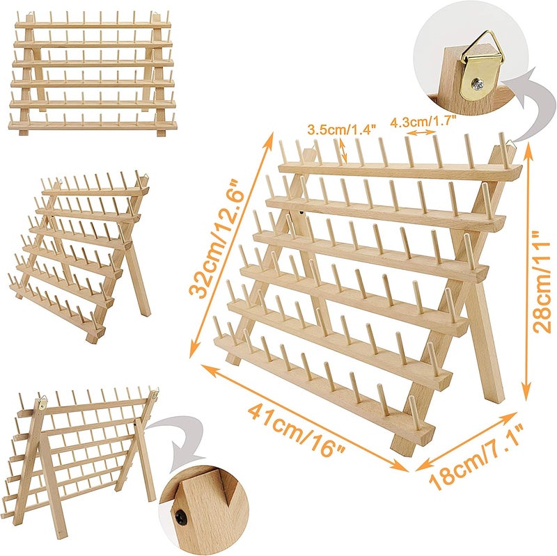 New brothread 60 Spools + 12 Spools Wooden Thread Rack/Thread Holder Organizer with Hanging Hooks for Embroidery Quilting and Sewing Threads - Mother + Baby Thread Rack - Image 3