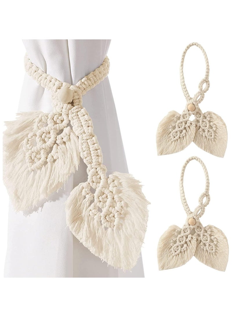 انتيكيانو مجموعة من حاملي ستائر بوهو، قطن طبيعي، أربطة ستائر من الحبال، مصنوعة يدويًا، ورقتان، ستارة منسوجة، حامل ديكوري للستائر الريفية على الطراز البوهيمي (بيج) - Image 1