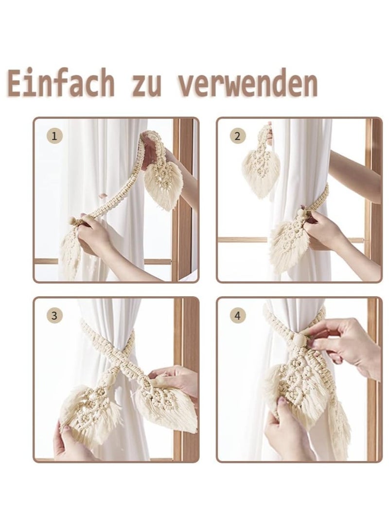 انتيكيانو مجموعة من حاملي ستائر بوهو، قطن طبيعي، أربطة ستائر من الحبال، مصنوعة يدويًا، ورقتان، ستارة منسوجة، حامل ديكوري للستائر الريفية على الطراز البوهيمي (بيج) - Image 5