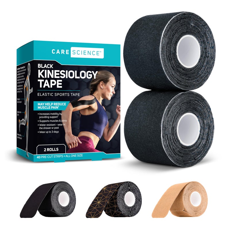 Care Science Waterproof Kinesiology Tape, 40 ct Precut Strips (2 Rolls), Black | Elastic Sports & Weightlifting Tape Supports Muscles & Joints. Water Resistant - Image 1