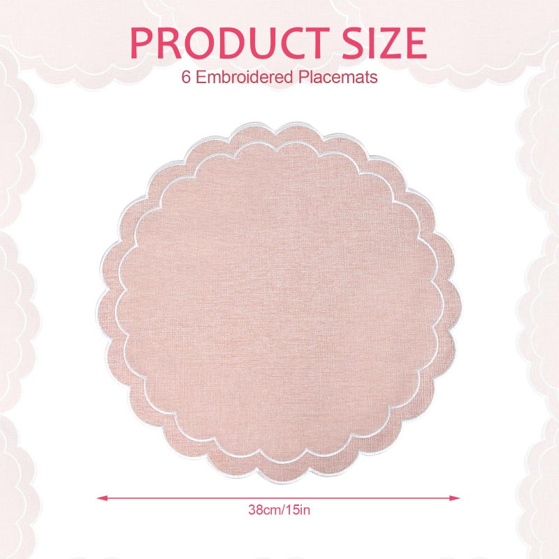 ElasignShopo Set of 6 Cotton Linen Placemats, 15 Inch Scalloped Flower Embroidery Cloth Table Mats Double Layered Fabric Machine Washable Wrinkle Free Dining Placemat for Hotel Restaurant Kitchen, Pink - Image 2