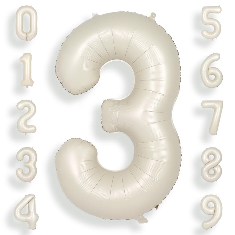 SUWEN 40 Inch Cream White Large 3 Number Balloons Big Foil Helium Number Balloons 0-9 Jumbo Happy 3rd Mylar Birthday Party Decorations for Boy or Girl Anniversary Party Supplies - Image 1