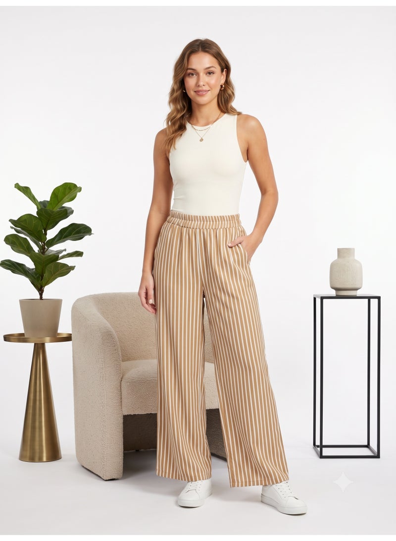 Soft Steps Women's Wide Leg Striped Pants – High Waist Casual Relaxed Fit Trousers with Elastic Waistband - Image 1