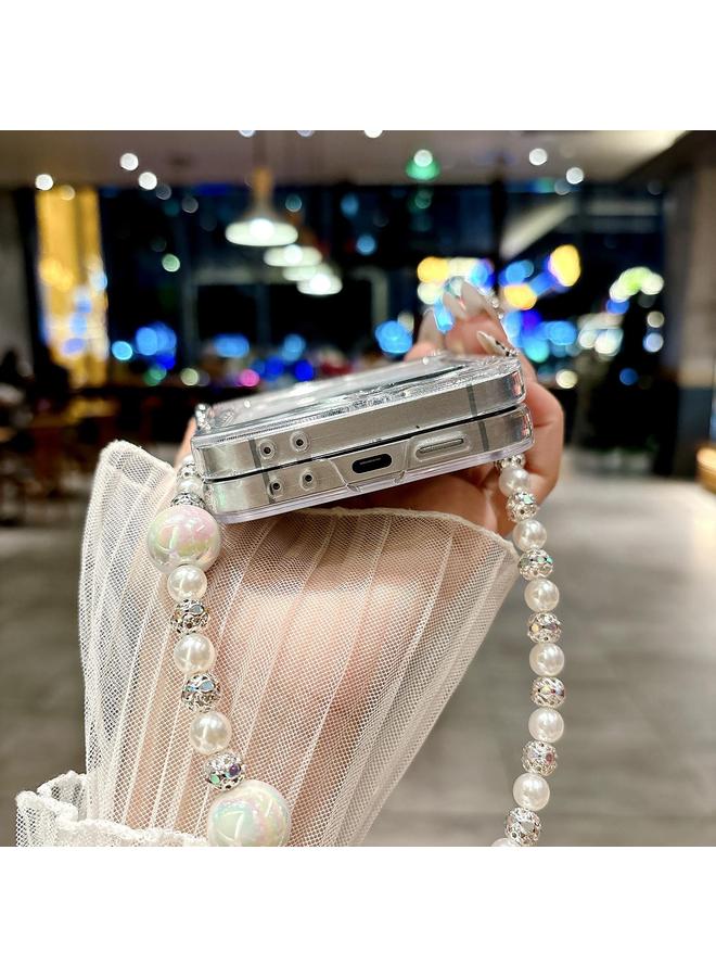 اس-توب جراب لهاتف Samsung Galaxy Z Flip6 مصنوع من ثلاثة أجزاء من نسيج صدفي لؤلؤي مع سوار - Image 4