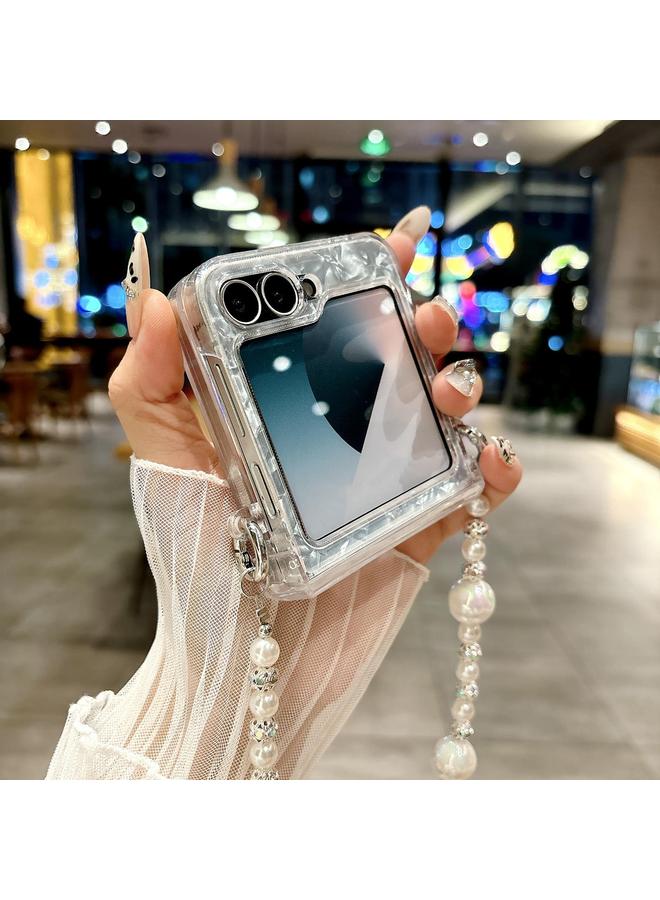 اس-توب جراب لهاتف Samsung Galaxy Z Flip6 مصنوع من ثلاثة أجزاء من نسيج صدفي لؤلؤي مع سوار - Image 3