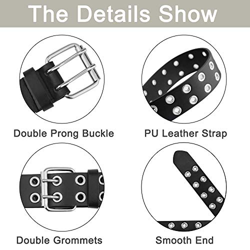 Macoking Grommet Leather Belts for Women, Black Belt Women Men - Double Studded Holes-S - Image 5
