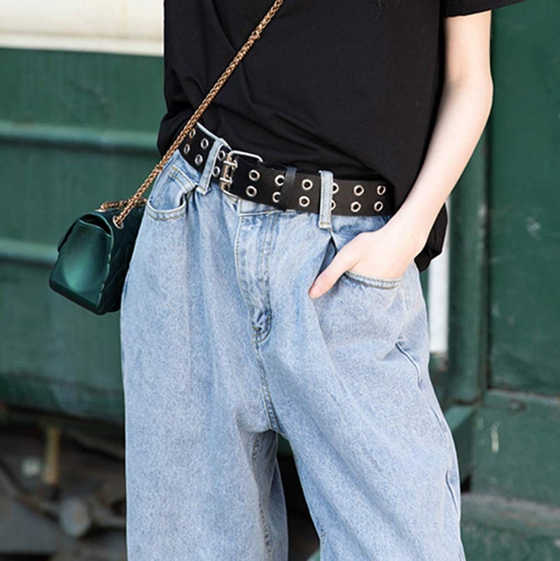 Macoking Grommet Leather Belts for Women, Black Belt Women Men - Double Studded Holes-S - Image 4