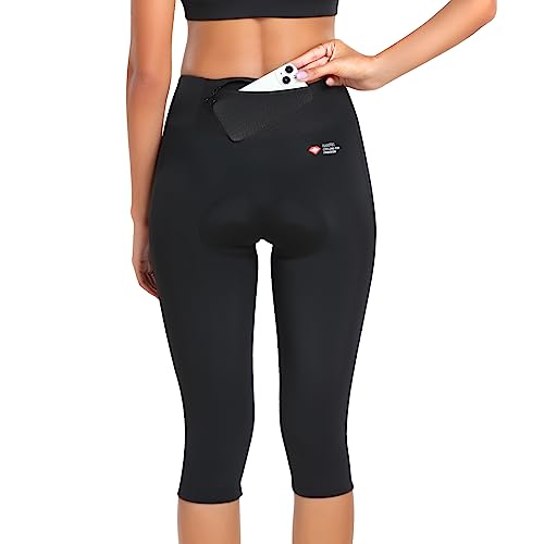 Santic Women's Cycling Pants High Waist 4D Padded Cycling Capris Shorts 3/4 Biking Leggings Pants with Pockets Black - Image 2