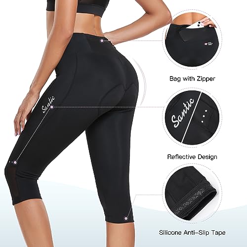 Santic Women's Cycling Pants High Waist 4D Padded Cycling Capris Shorts 3/4 Biking Leggings Pants with Pockets Black - Image 5