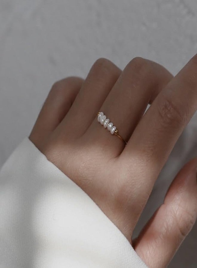 Shapes Studio 18K Gold Plated Mini Freshwater Pearl Band Ring, Gold Plated Rings for Women, Stacking Rings, Wedding Band Minimalist Style (7) - Image 5