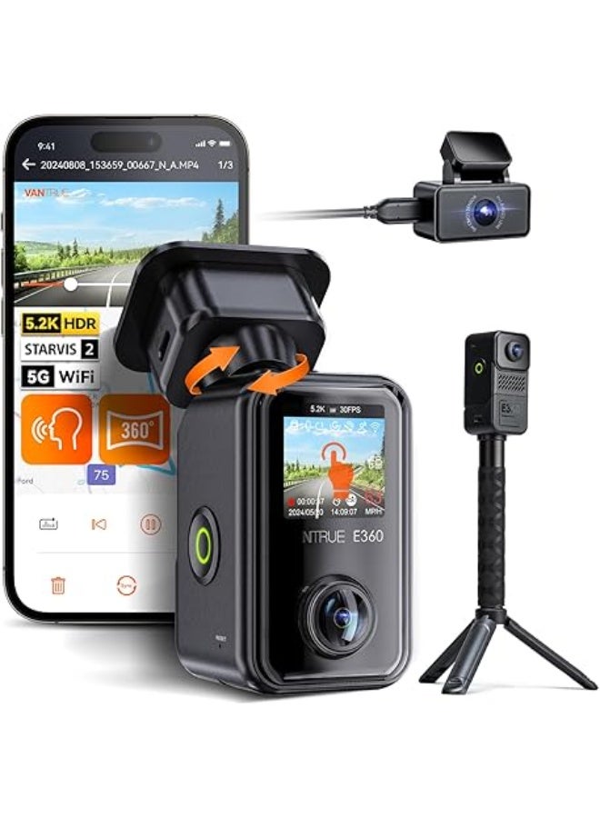 Vantrue E360 ACE 5.2K 360° Panoramic WiFi Dash Cam, Handheld Camera, STARVIS 2, HDR, IR Night Vision, Front Rear Inside Dashcam, Voice/Touch Control, GPS, 24/7 Buffered Parking Mode, Support 512GB Max - Image 1