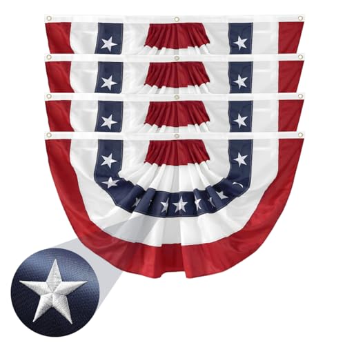 LinaGarten 4 Pack American Pleated Fan Flag 2x4 Ft Patriotic Bunting Embroidered Stars Sewn Stripes USA Flag for 4th of July Outdoor Porch Fence Garden with Canvas Header Brass Grommets - Image 1