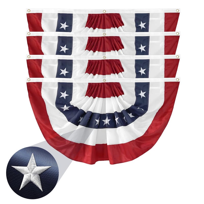 LinaGarten 4 Pack American Pleated Fan Flag 2x4 Ft Patriotic Bunting Embroidered Stars Sewn Stripes USA Flag for 4th of July Outdoor Porch Fence Garden with Canvas Header Brass Grommets - Image 2