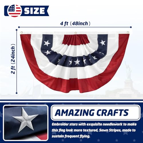 LinaGarten 4 Pack American Pleated Fan Flag 2x4 Ft Patriotic Bunting Embroidered Stars Sewn Stripes USA Flag for 4th of July Outdoor Porch Fence Garden with Canvas Header Brass Grommets - Image 3