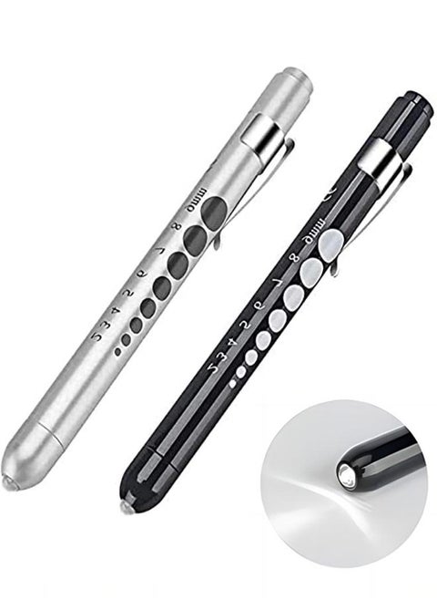 2-Piece Diagnostic Medical Pen Light, Mini Reusable LED Pen Light, Pen Flashlight, Doctor Nurse Emergency Pen Light, Black and Silver（Batteries Not Included）