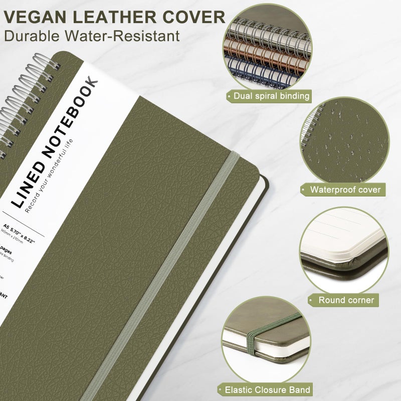 LACCHOUFEE Lined Spiral Journal Notebook, A5 Hardcover Leather Notebook for Work, 5.7''Ã—8.2'', 100GSM Thick Paper Spiral Bound Journaling Notebooks for Women & Men Office School Note Taking Business, Green - Image 4