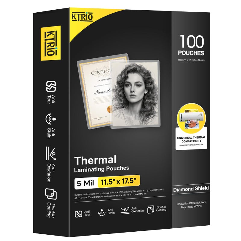 KTRIO 5 Mil Laminating Sheets, Hold 11 x 17 Inches Sheet, 100 Pack Thermal Laminating Pouches, 11.5 x 17.5â€ Laminate Sheets for Laminator, Clear Lamination Sheet Paper, Office School Home Supplies