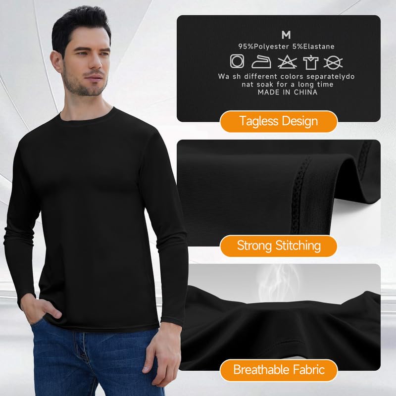SIMIYA Long Sleeve Shirts for Men Crew Neck T Shirt Solid Casual Shirt Solid Color Black Lightweight Basic Tee Shirts - Image 5