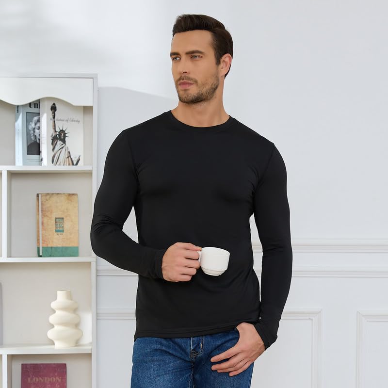 SIMIYA Long Sleeve Shirts for Men Crew Neck T Shirt Solid Casual Shirt Solid Color Black Lightweight Basic Tee Shirts - Image 3
