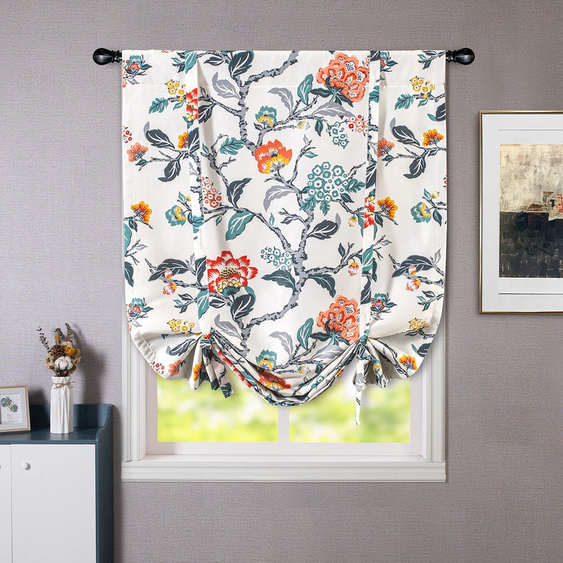DriftAway Ada Floral Botanical Print Flower Leaf Lined Thermal Insulated Room Darkening Blackout Tie Up Window Curtains 2 Layers Each 31 Inch by 47 Inch Ivory Orange Teal