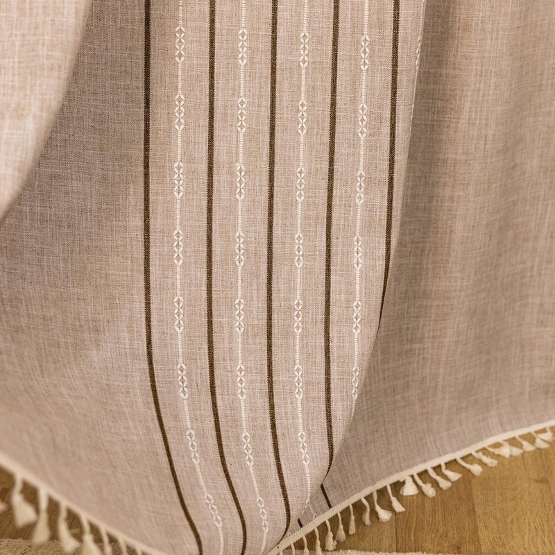 Deeprove Boho Style Curtains 96 inches Long  Vintage Bohemian Embroidery Striped Farmhouse Cotton Linen Fringe Window Treatments Bedroom Living Room Nursery  W52 x L96  1 Panel Khaki and Brown - Image 4