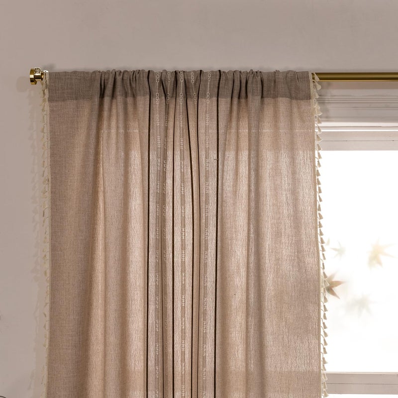 Deeprove Boho Style Curtains 96 inches Long  Vintage Bohemian Embroidery Striped Farmhouse Cotton Linen Fringe Window Treatments Bedroom Living Room Nursery  W52 x L96  1 Panel Khaki and Brown - Image 3
